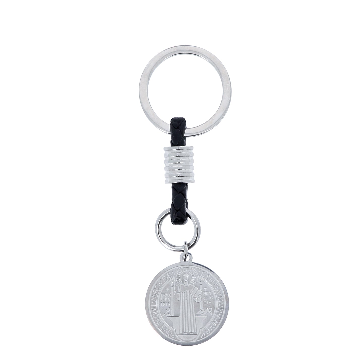 Portachiavi con Medaglia San Benedetto in acciaio inox. Con confezione. Lunghezza 8,5 cm