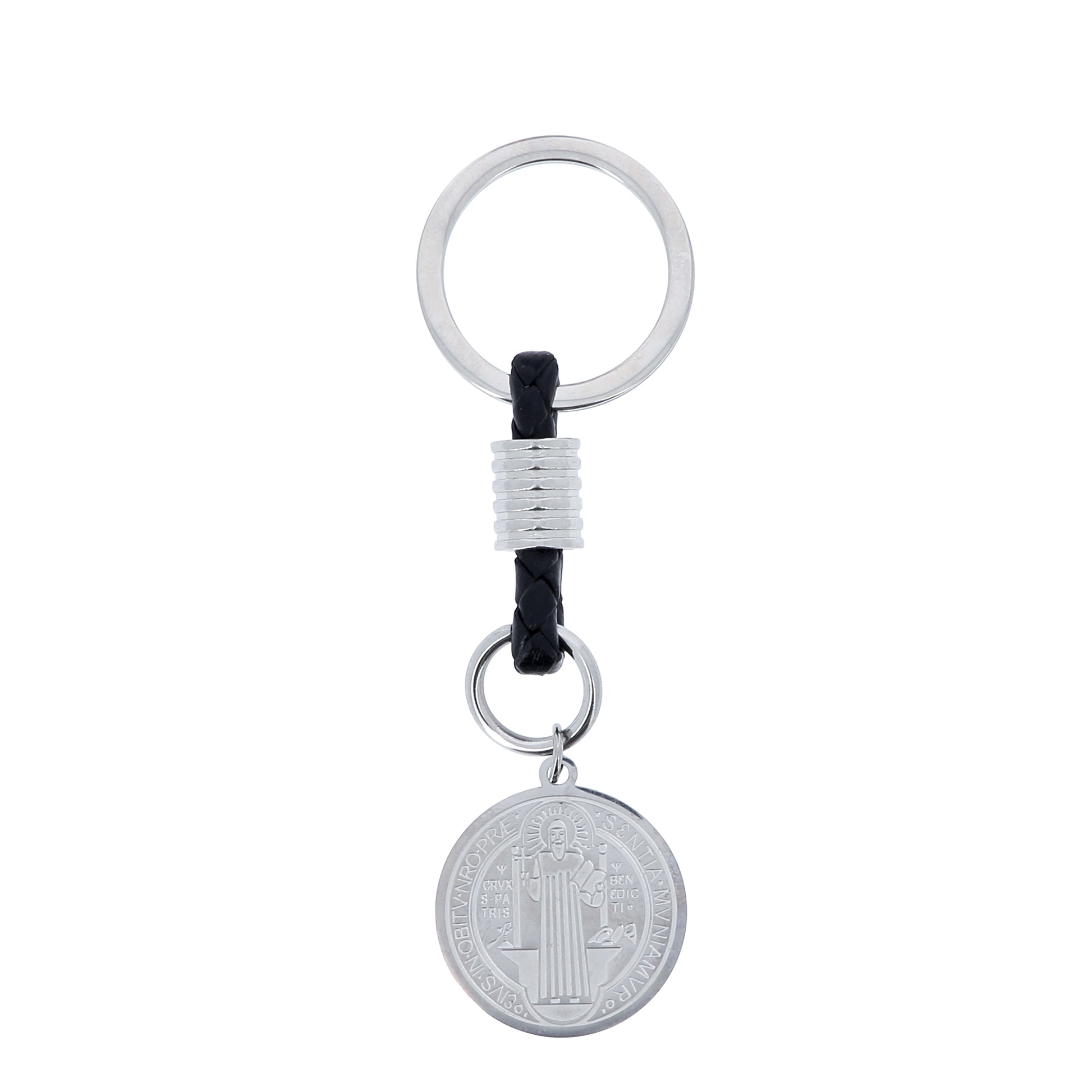 Portachiavi con Medaglia San Benedetto in acciaio inox. Con confezione. Lunghezza 8,5 cm