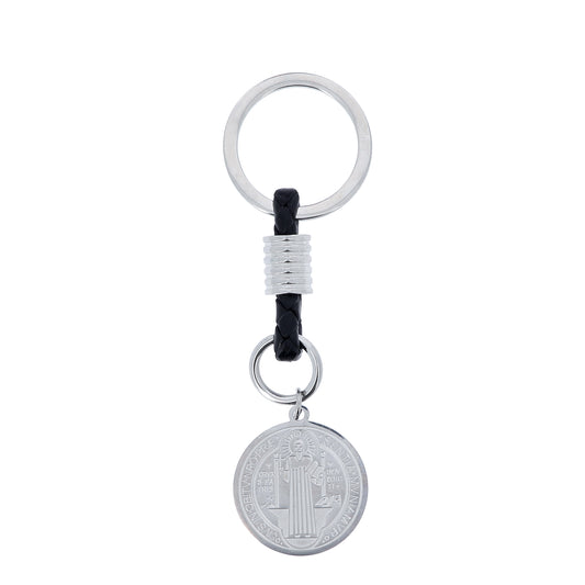 Portachiavi con Medaglia San Benedetto in acciaio inox. Con confezione. Lunghezza 8,5 cm