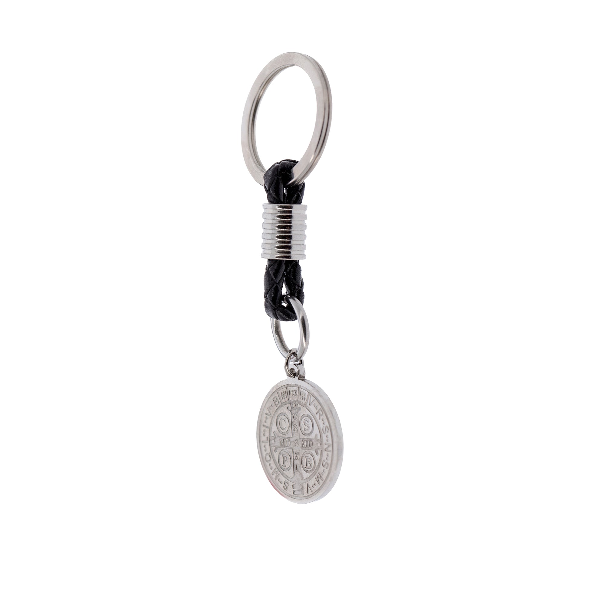 Portachiavi con Medaglia San Benedetto in acciaio inox. Con confezione. Lunghezza 8,5 cm