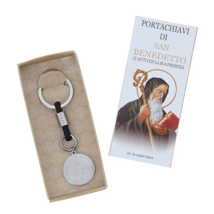 Portachiavi con Medaglia San Benedetto in acciaio inox. Con confezione. Lunghezza 8,5 cm