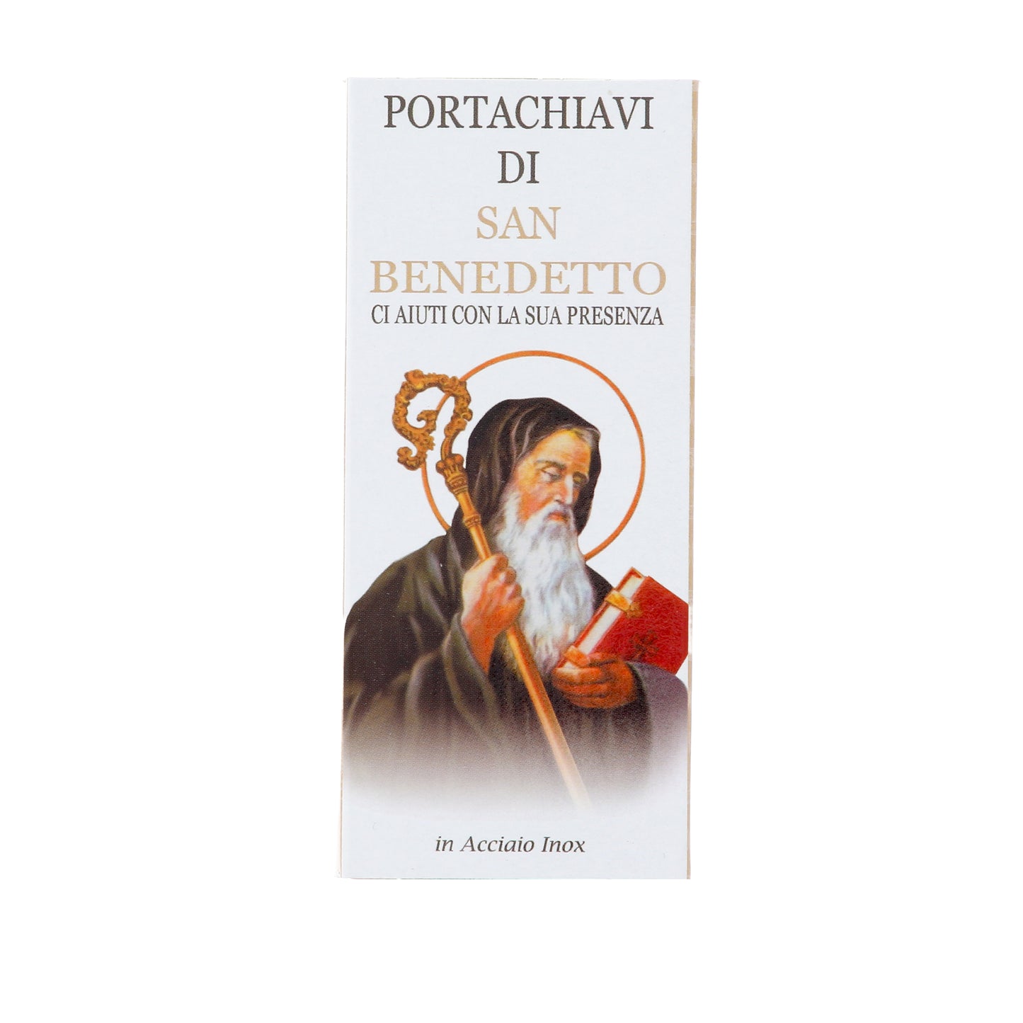 Portachiavi con Medaglia San Benedetto in acciaio inox. Con confezione. Lunghezza 8,5 cm