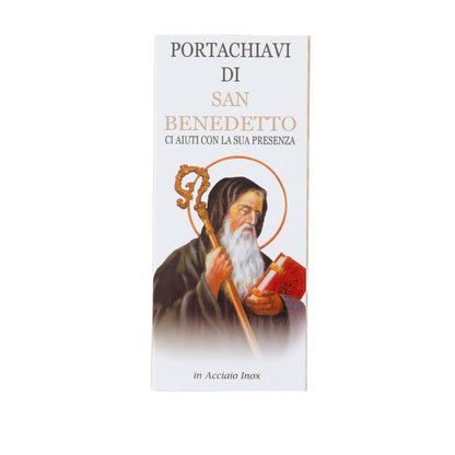 Portachiavi con Medaglia San Benedetto in acciaio inox. Con confezione. Lunghezza 8,5 cm