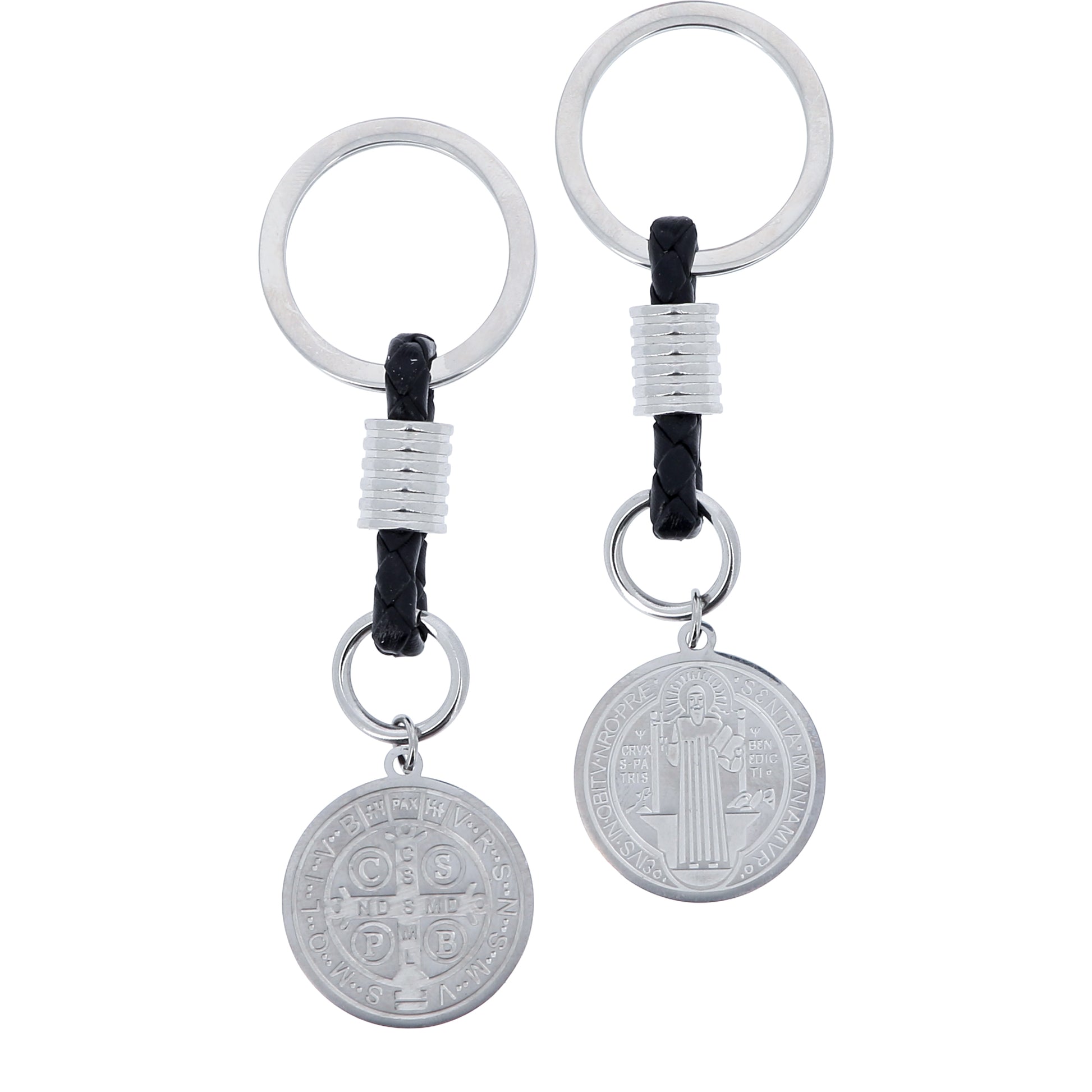 Portachiavi con Medaglia San Benedetto in acciaio inox. Con confezione. Lunghezza 8,5 cm