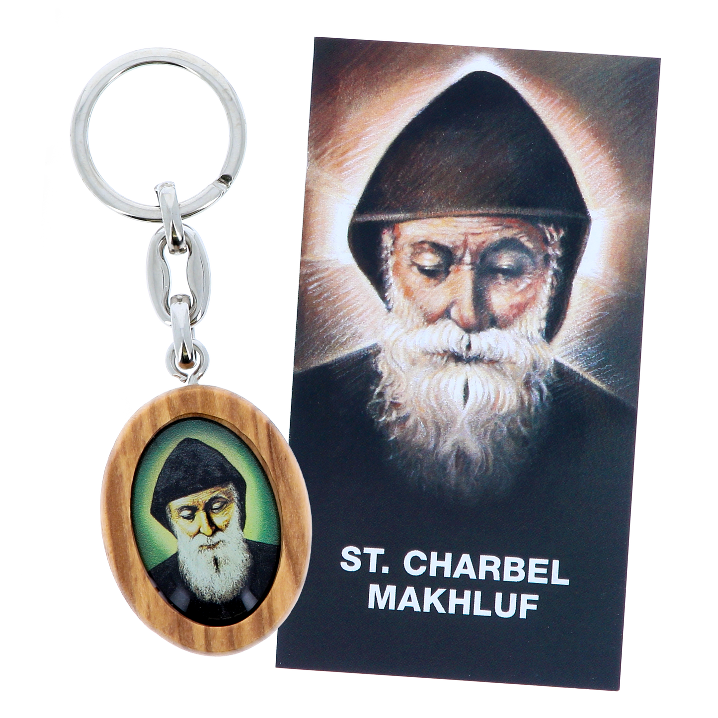 Portachiavi San Charbel con confezione. Altezza 9 cm