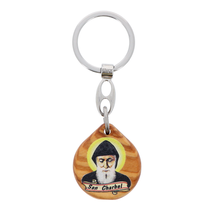 Portachiavi in legno con immagine San Charbel stampata. Lunghezza 9 cm