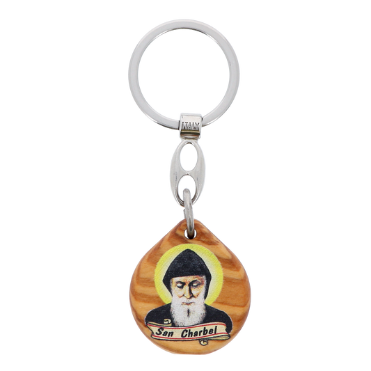 Portachiavi in legno con immagine San Charbel in legno. Lunghezza 9 cm