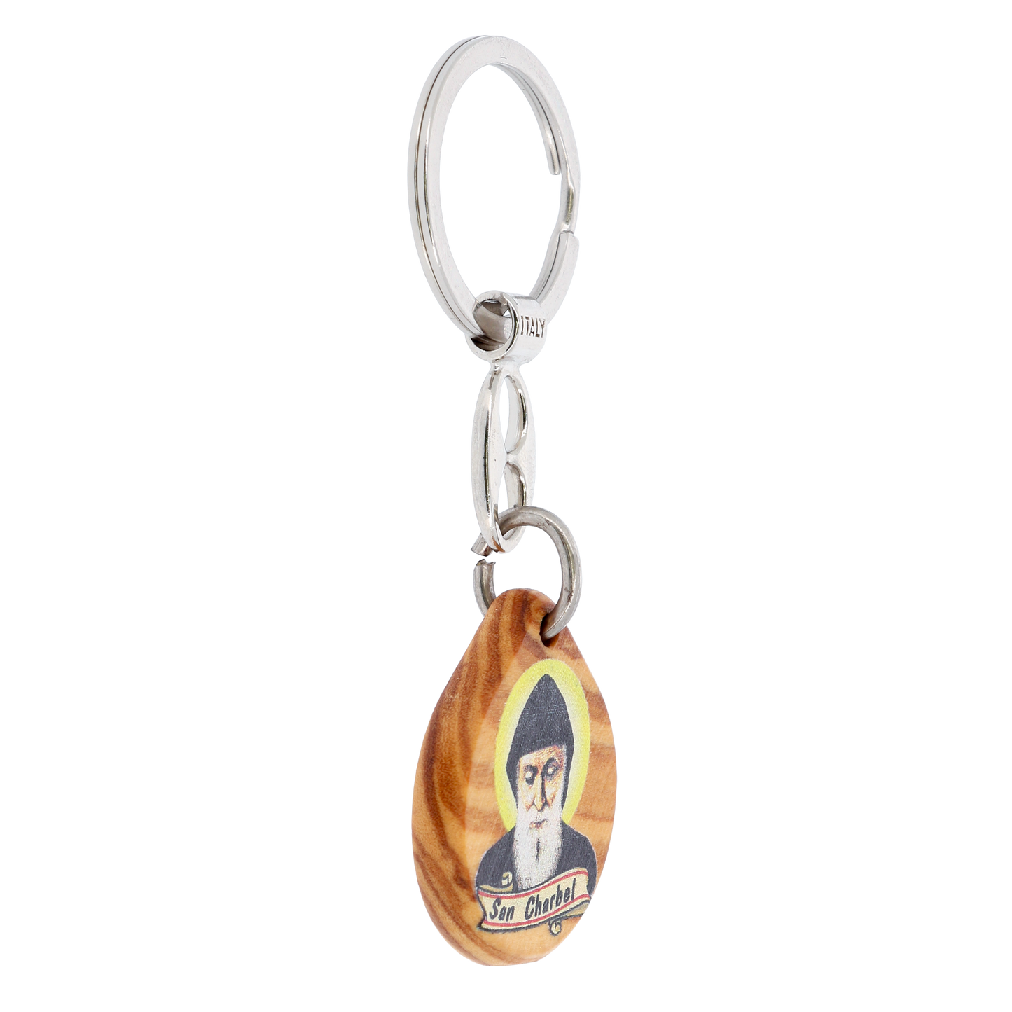 Portachiavi in legno con immagine San Charbel stampata. Lunghezza 9 cm