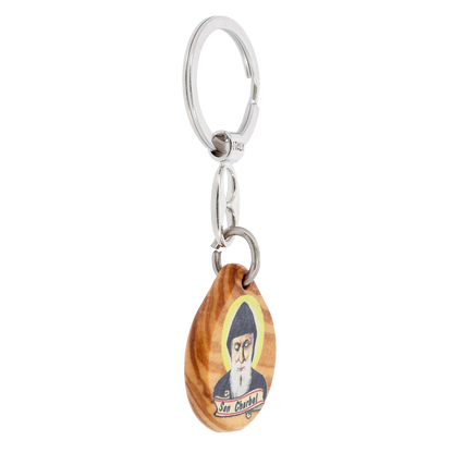 Portachiavi in legno con immagine San Charbel stampata. Lunghezza 9 cm