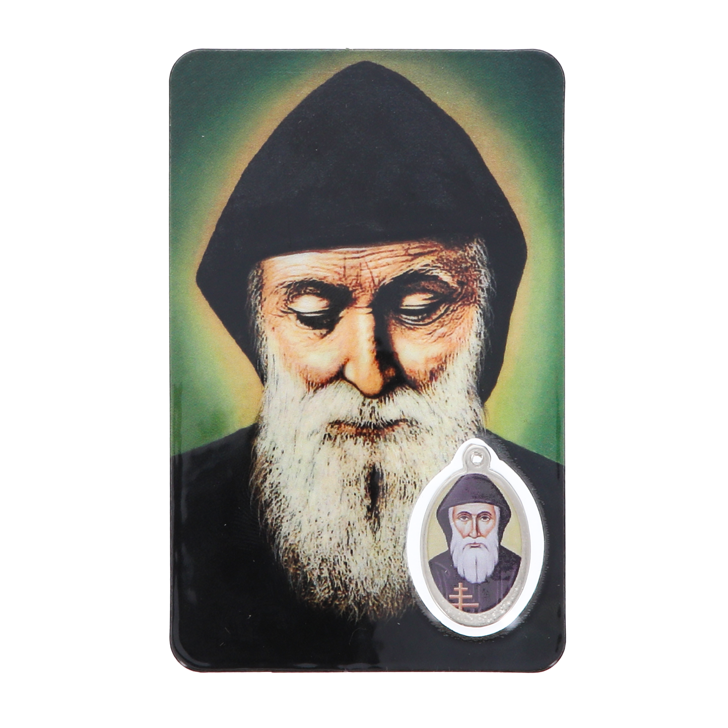 Card plastificata San Charbel, da collezione. Dimensioni 5,5x8,5 cm