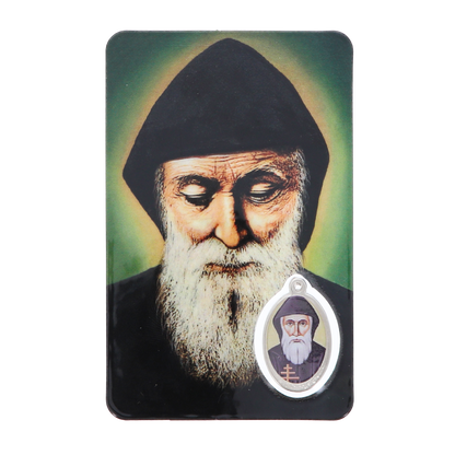 Card plastificata San Charbel, da collezione. Dimensioni 5,5x8,5 cm