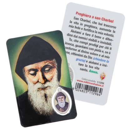 Card plastificata San Charbel, da collezione. Dimensioni 5,5x8,5 cm