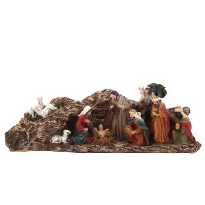 Presepe completo di grotta, in resina. Larghezza 28 cm
