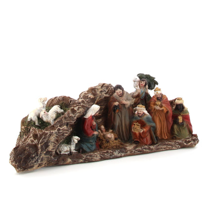 Presepe completo di grotta, in resina. Larghezza 28 cm
