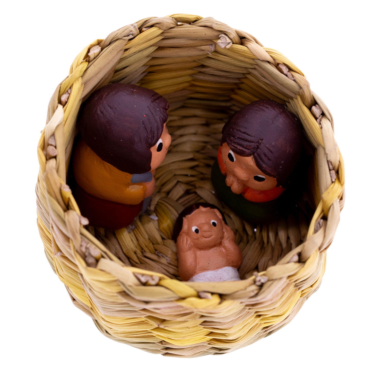 Presepe artigianale in cestino di paglia intrecciato. Nativita' in miniatura fatta a mano. Dimensioni 6x4,5 cm