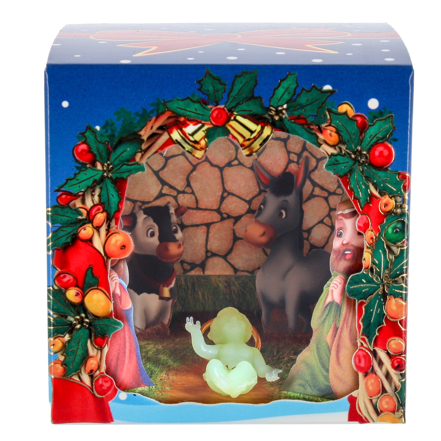 Scatola decorativa in cartoncino con presepe e Bambino Gesu' fluorescente. Dimensioni 8,7x9 cm

