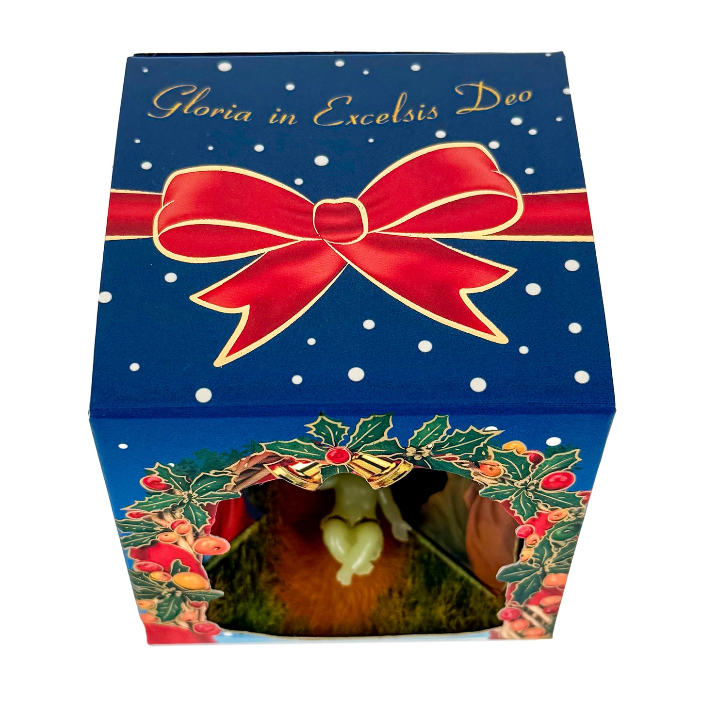 Scatola decorativa in cartoncino con presepe e Bambino Gesu' fluorescente. Dimensioni 8,7x9 cm

