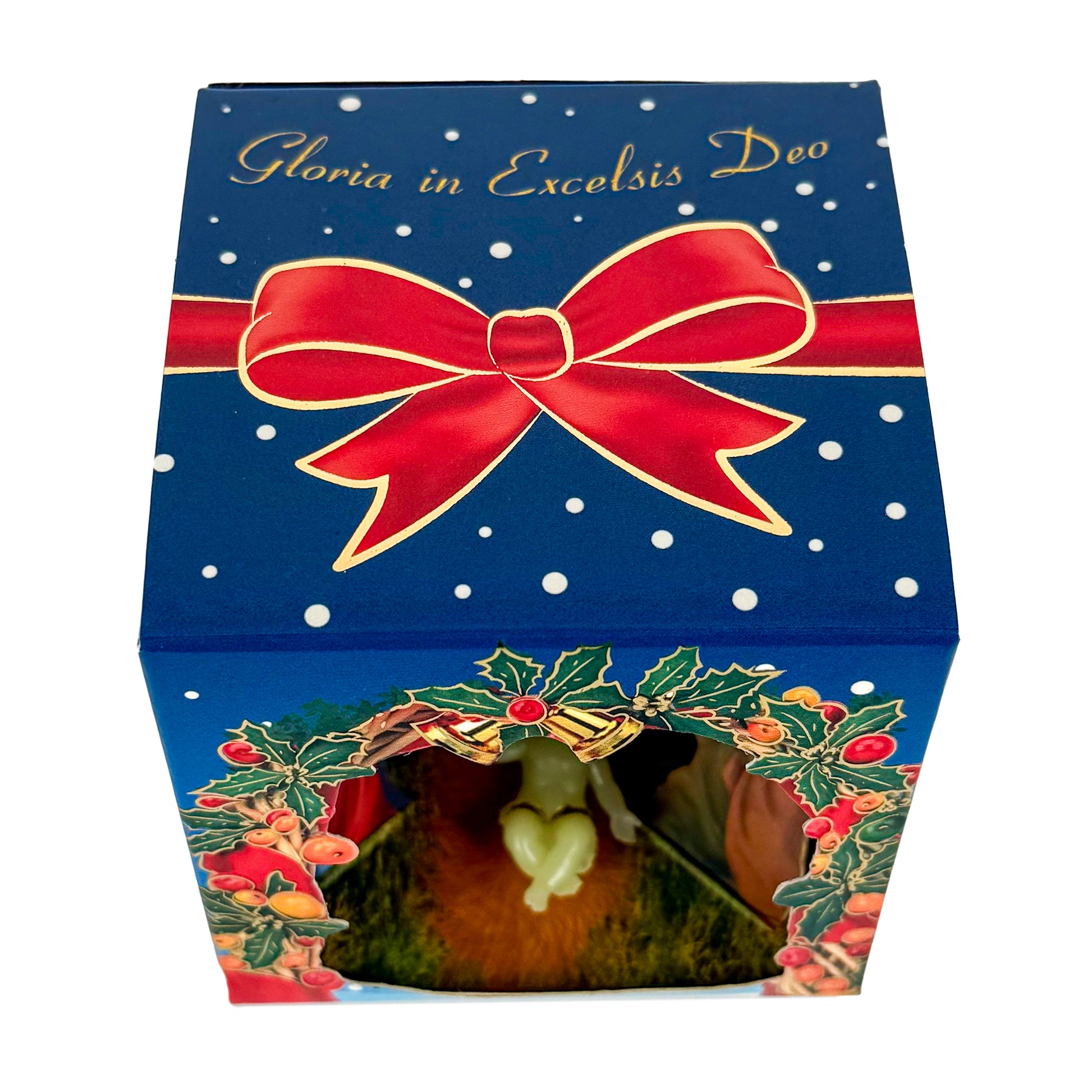 Scatola decorativa in cartoncino con presepe e Bambino Gesu' fluorescente. Dimensioni 8,7x9 cm

