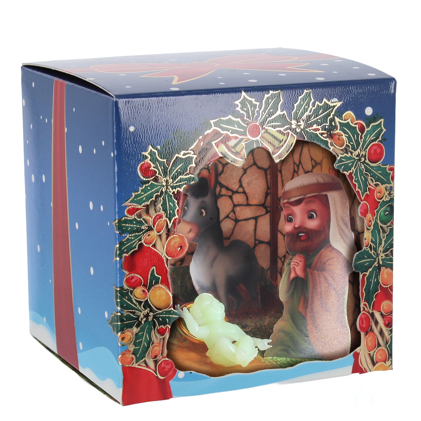 Scatola decorativa in cartoncino con presepe e Bambino Gesu' fluorescente. Dimensioni 8,7x9 cm

