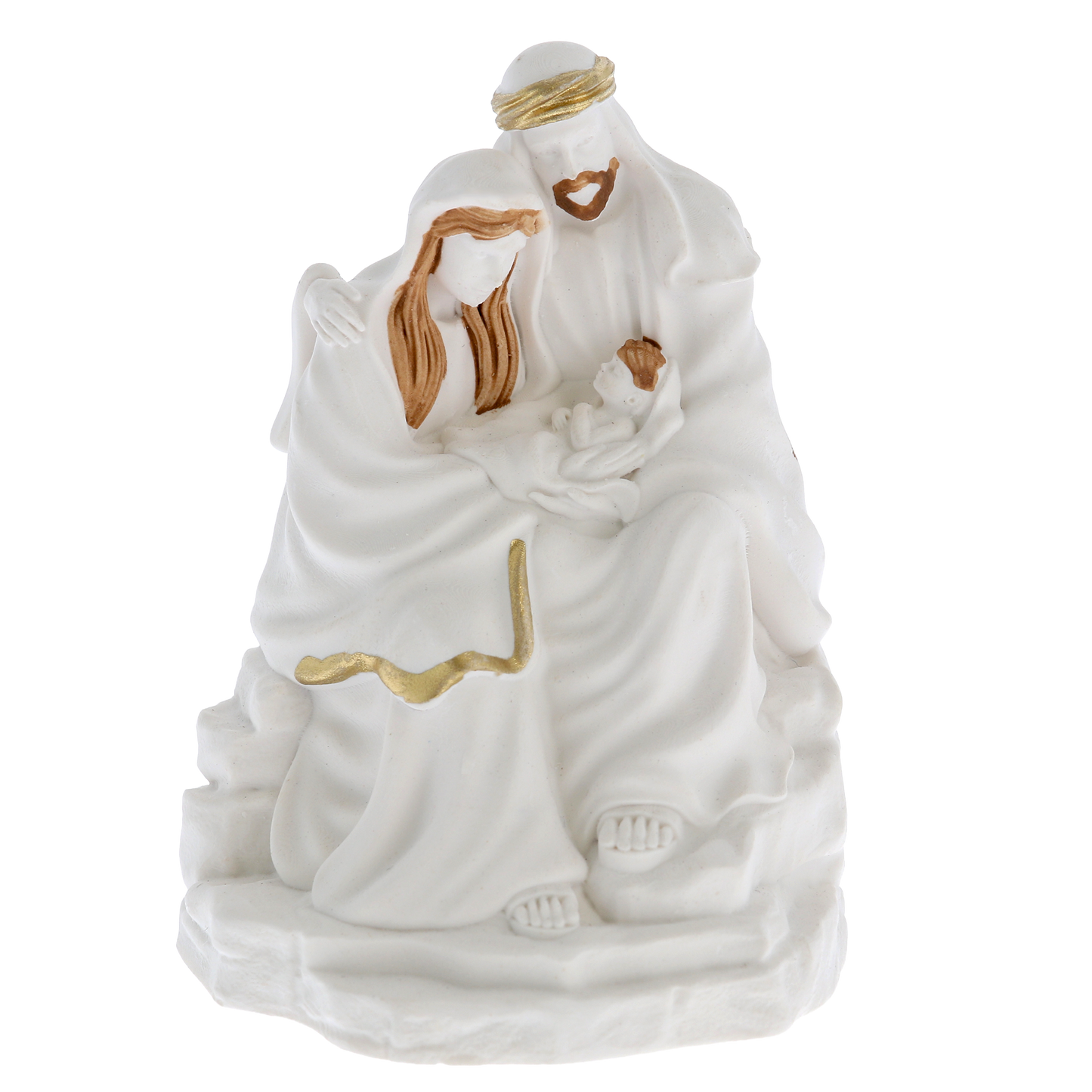 Sacra Famiglia in resina effetto ceramica dipinta. Altezza 8 cm