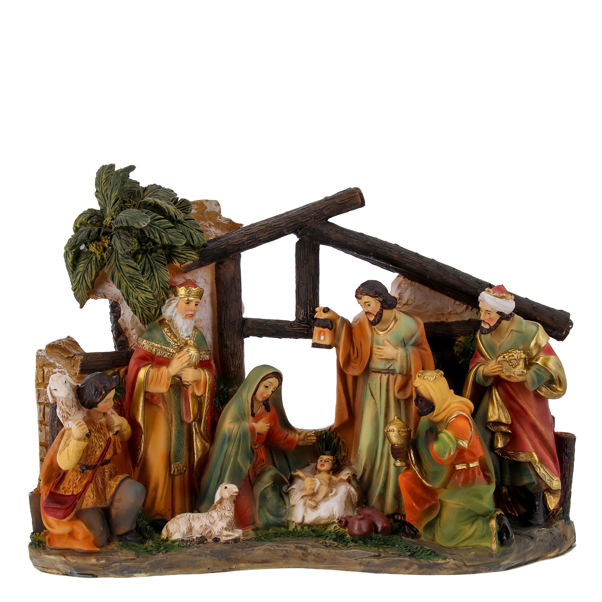 Presepe completo con Sacra Famiglia, Re Magi e pastore ? Natività in resina dipinta a mano. Dimensioni 24x15 cm