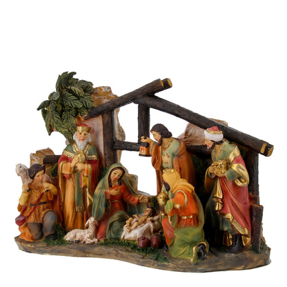 Presepe completo con Sacra Famiglia, Re Magi e pastore ? Natività in resina dipinta a mano. Dimensioni 24x15 cm
