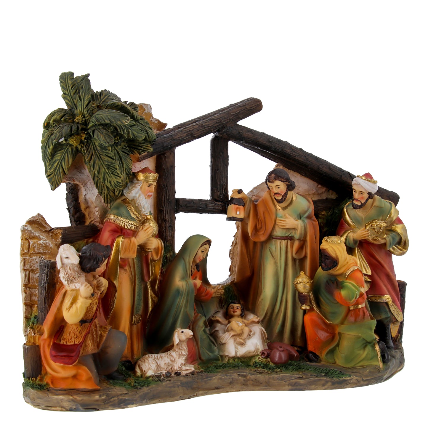 Presepe completo con Sacra Famiglia, Re Magi e pastore.  Natività in resina dipinta a mano. Dimensioni 24x15 cm