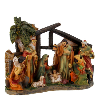 Presepe completo con Sacra Famiglia, Re Magi e pastore.  Natività in resina dipinta a mano. Dimensioni 24x15 cm