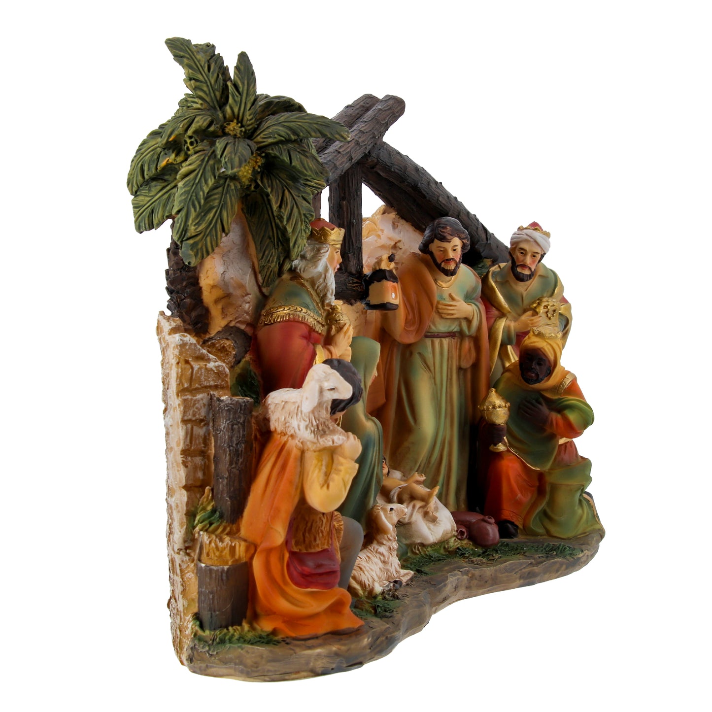 Presepe completo con Sacra Famiglia, Re Magi e pastore.  Natività in resina dipinta a mano. Dimensioni 24x15 cm