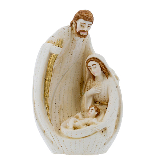Sacra Famiglia in resina dipinta a mano con confezione. Altezza 8 cm
