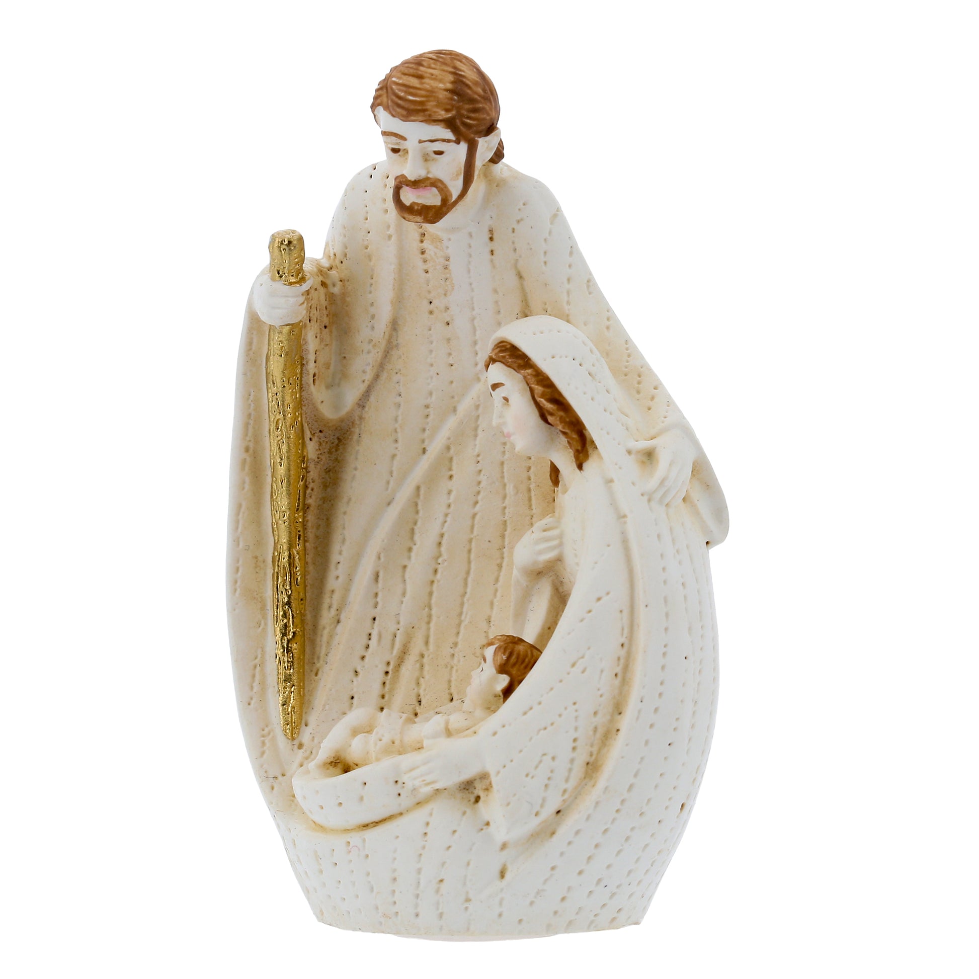 Sacra Famiglia in resina dipinta a mano con confezione. Altezza 8 cm
