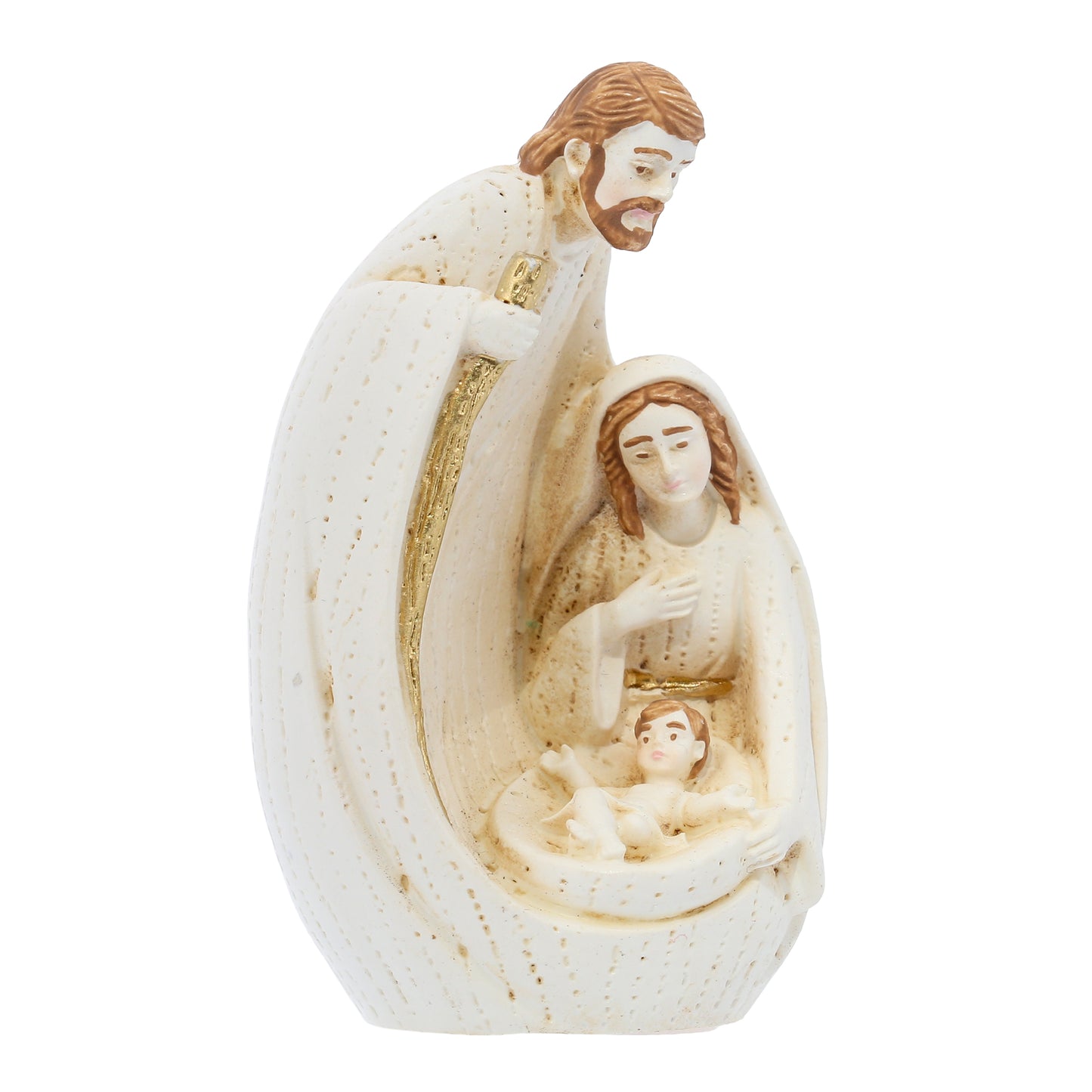 Sacra Famiglia in resina dipinta a mano con confezione. Altezza 8 cm
