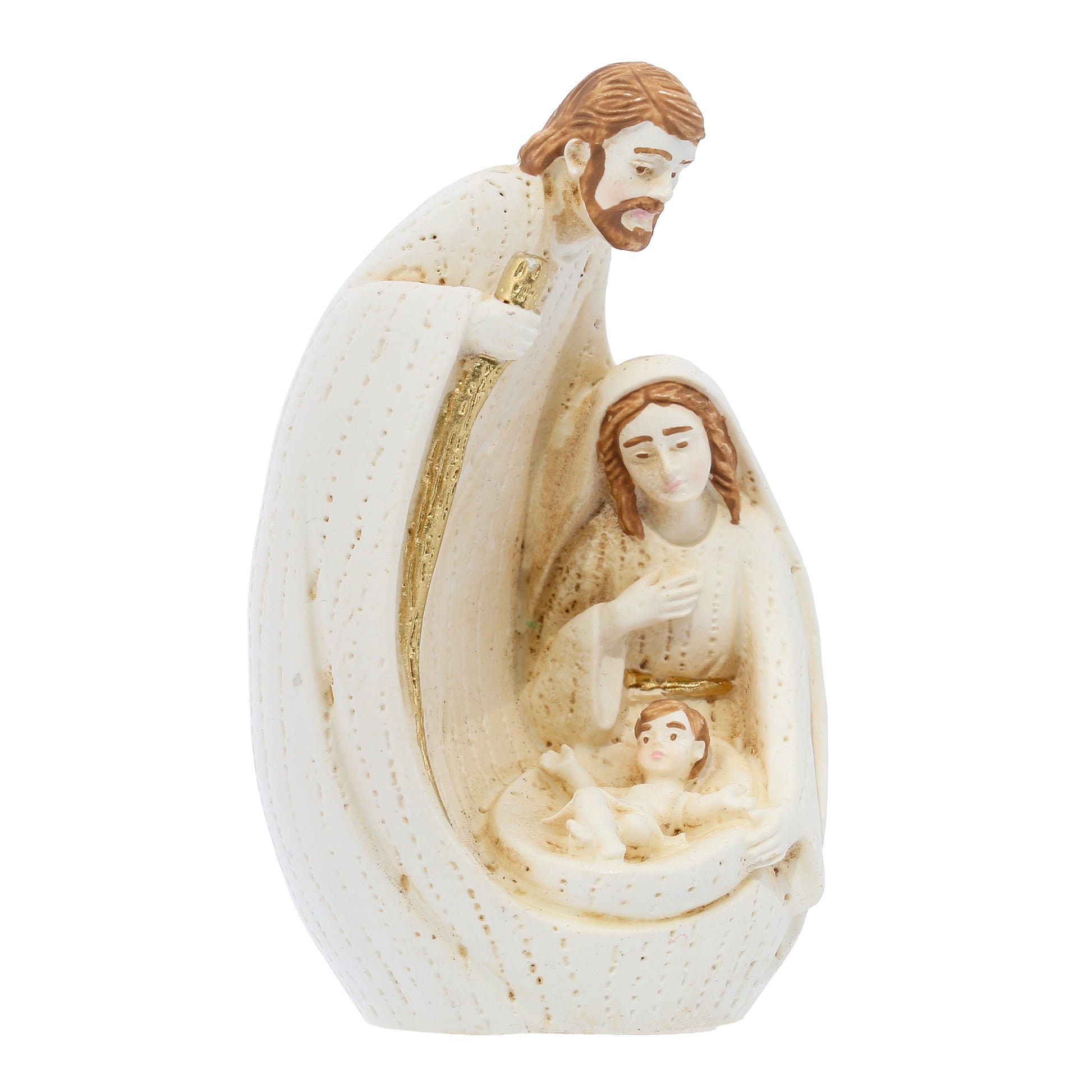Sacra Famiglia in resina dipinta a mano con confezione. Altezza 8 cm
