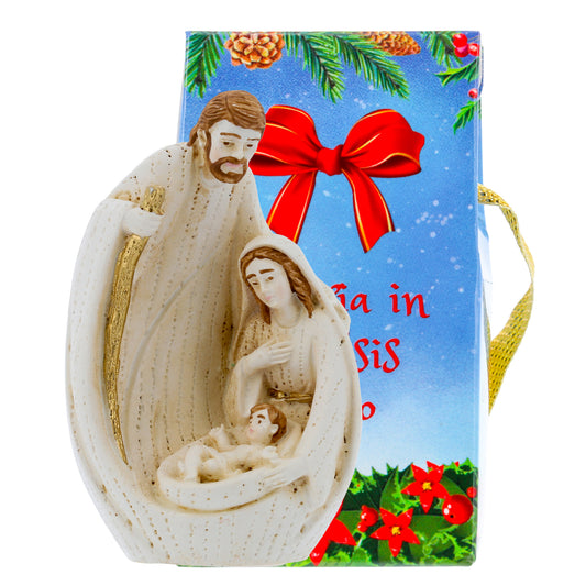 Sacra Famiglia in resina dipinta a mano con confezione. Altezza 8 cm
