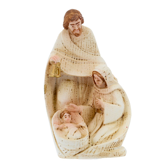 Sacra Famiglia in resina dipinta a mano con confezione. Altezza 8 cm
