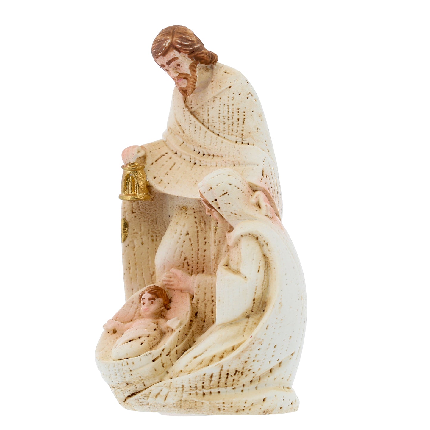 Sacra Famiglia in resina dipinta a mano con confezione. Altezza 8 cm
