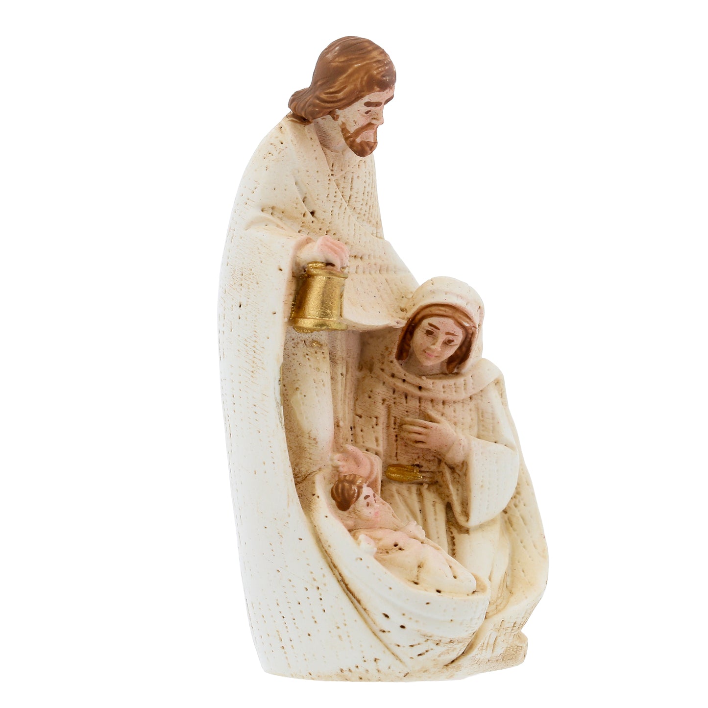 Sacra Famiglia in resina dipinta a mano con confezione. Altezza 8 cm
