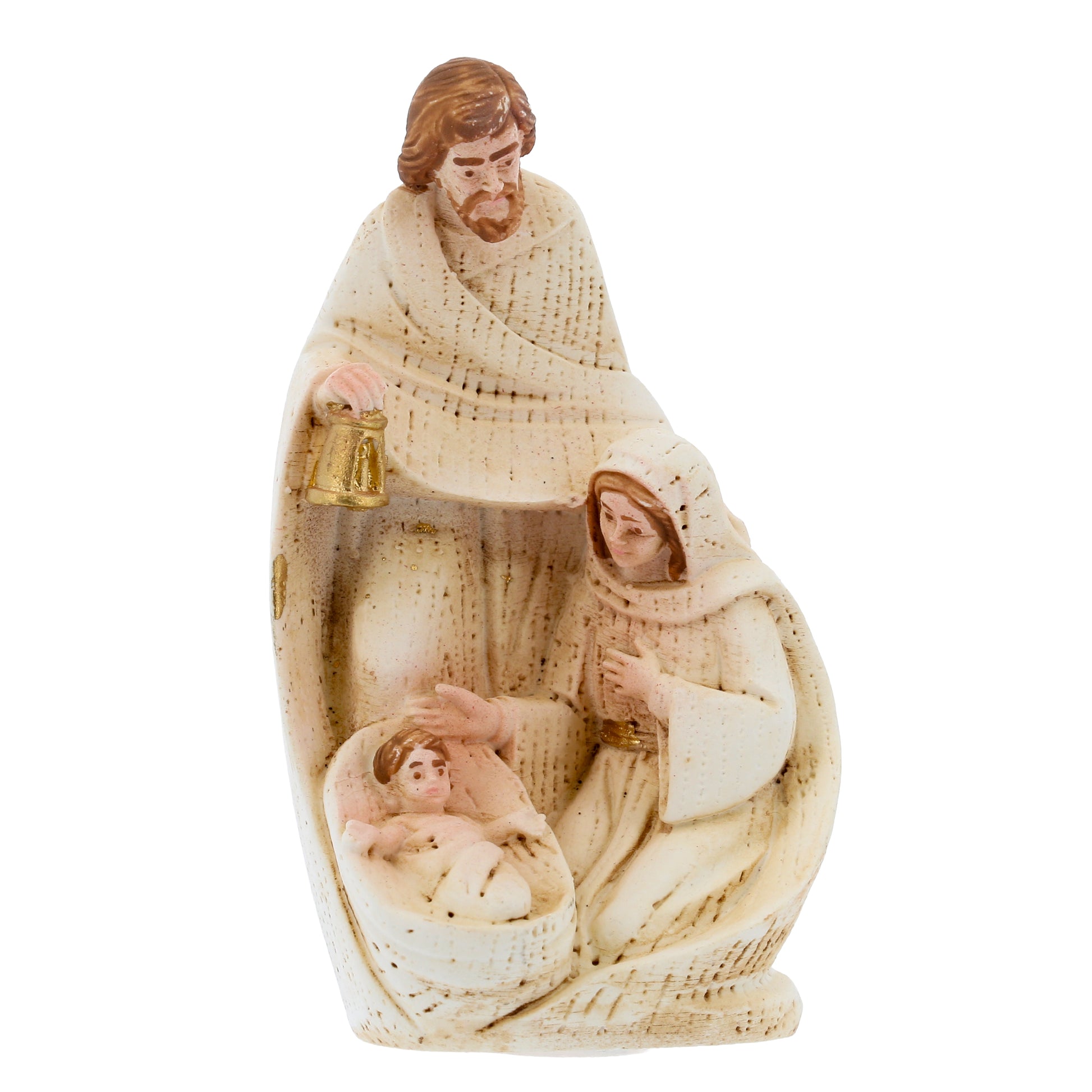 Sacra Famiglia in resina dipinta a mano con confezione. Altezza 8 cm

