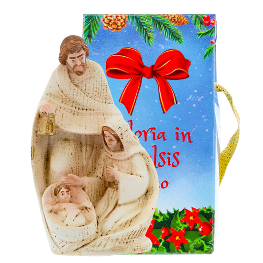 Sacra Famiglia in resina dipinta a mano con confezione. Altezza 8 cm
