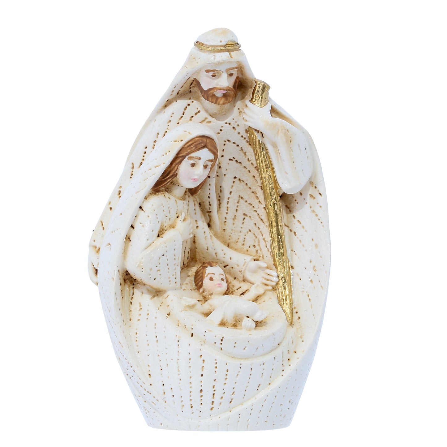 Sacra Famiglia in resina dipinta a mano con confezione. Altezza 8 cm
