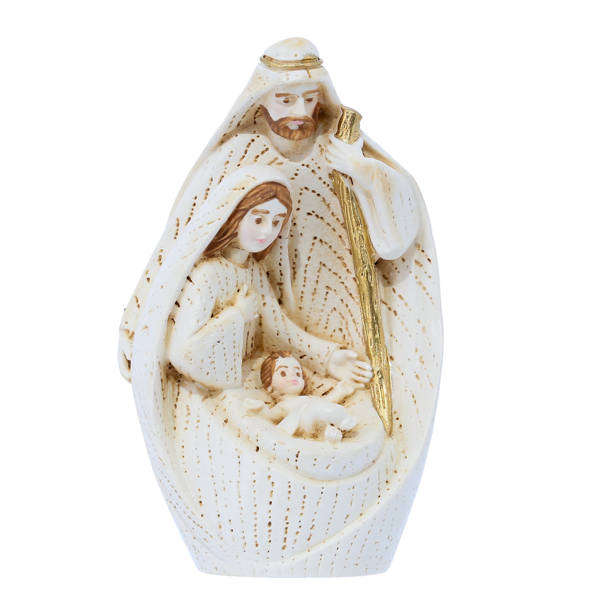 Sacra Famiglia in resina dipinta a mano con confezione. Altezza 8 cm
