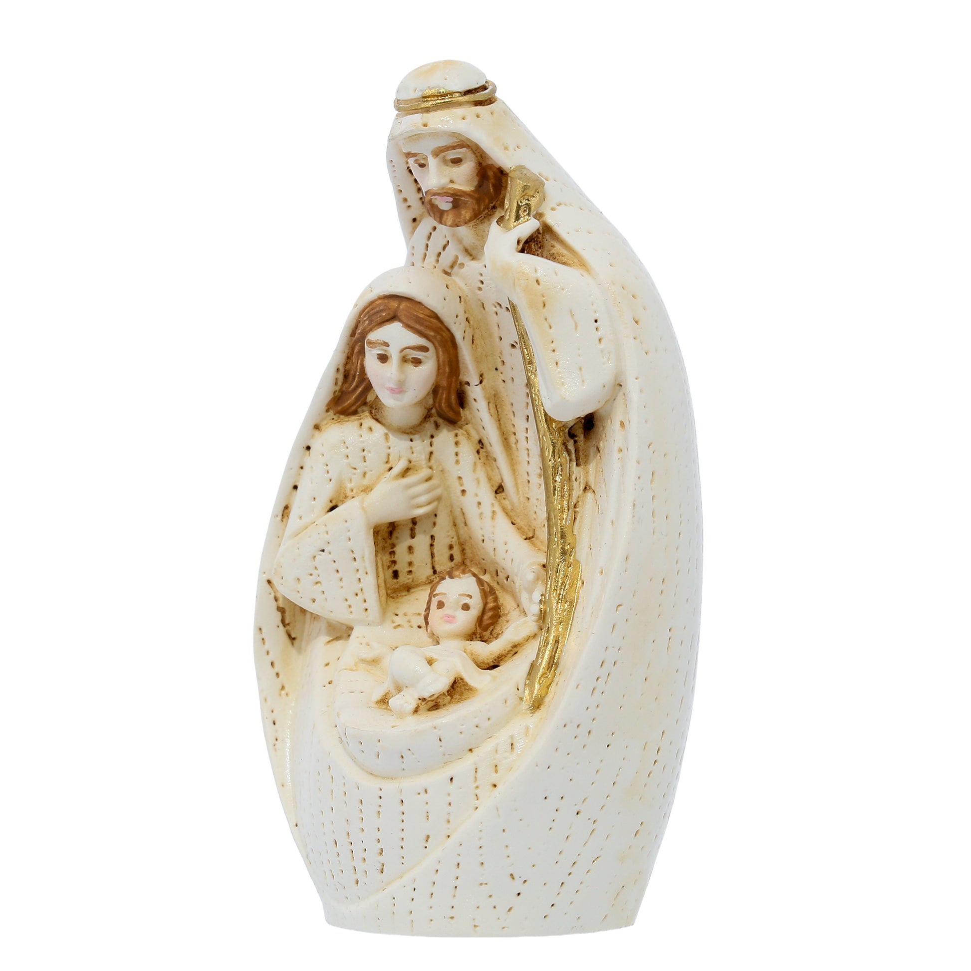 Sacra Famiglia in resina dipinta a mano con confezione. Altezza 8 cm
