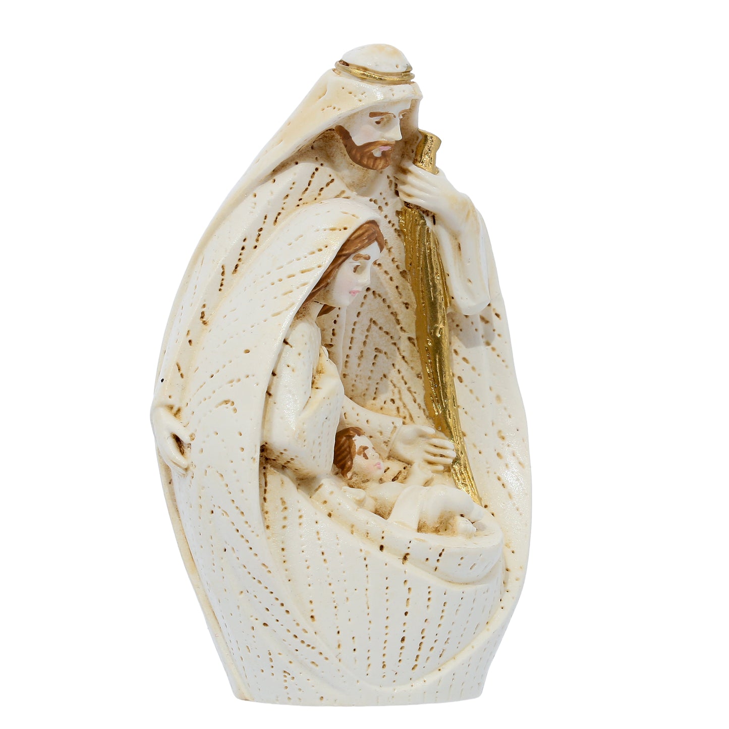 Sacra Famiglia in resina dipinta a mano con confezione. Altezza 8 cm
