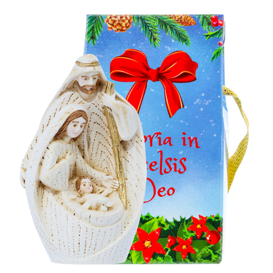 Sacra Famiglia in resina dipinta a mano con confezione. Altezza 8 cm
