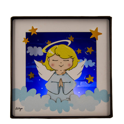 Quadro 3d in scatola, da appoggio, soggetto Angelo. Dimensioni 11,5x11,5 cm