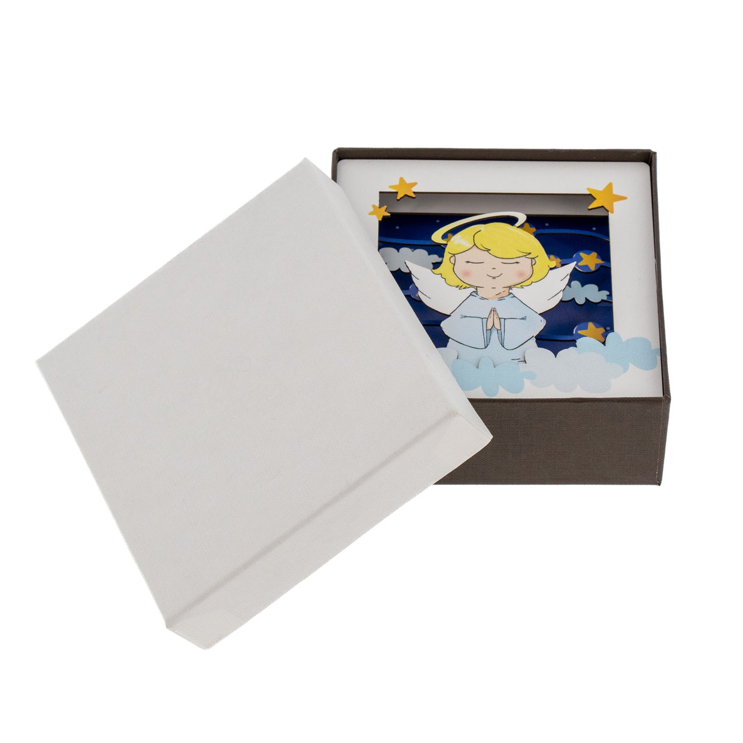 Quadro 3d in scatola, da appoggio, soggetto Angelo. Dimensioni 11,5x11,5 cm