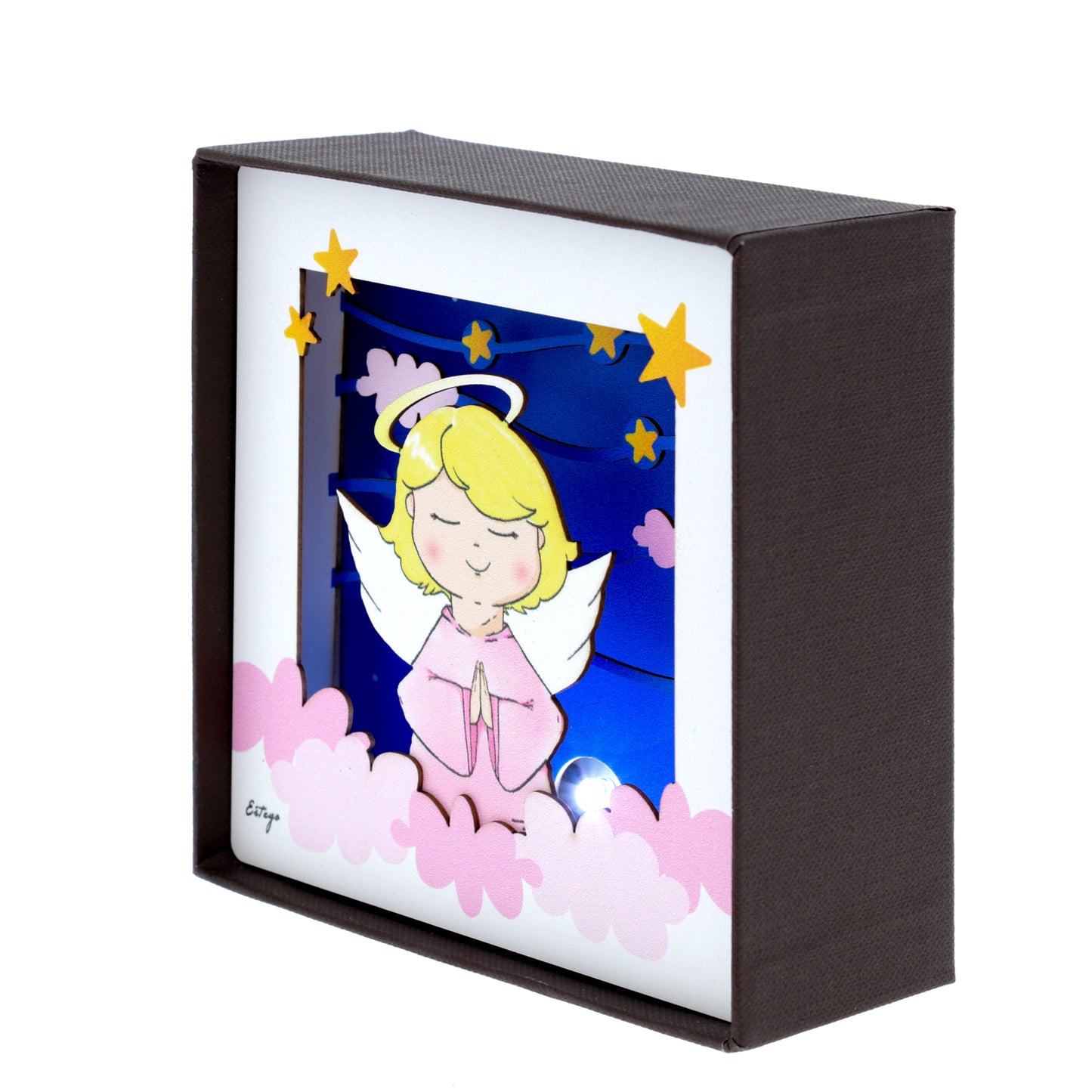 Quadro 3d in scatola, da appoggio, soggetto Angelo. Dimensioni 11,5x11,5 cm