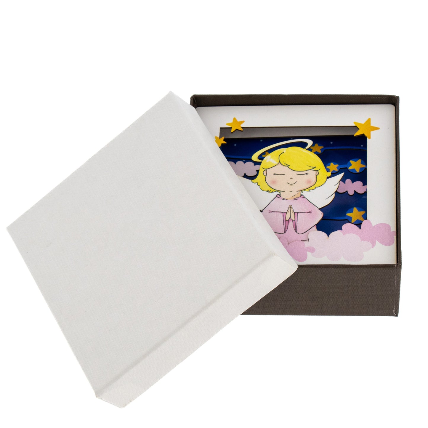 Quadro 3d in scatola, da appoggio, soggetto Angelo. Dimensioni 11,5x11,5 cm