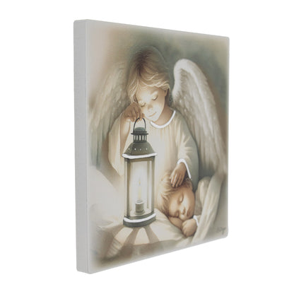 Quadro in legno Angelo Custode con dettagli argentati. Dimensioni 12,5x12,5 cm