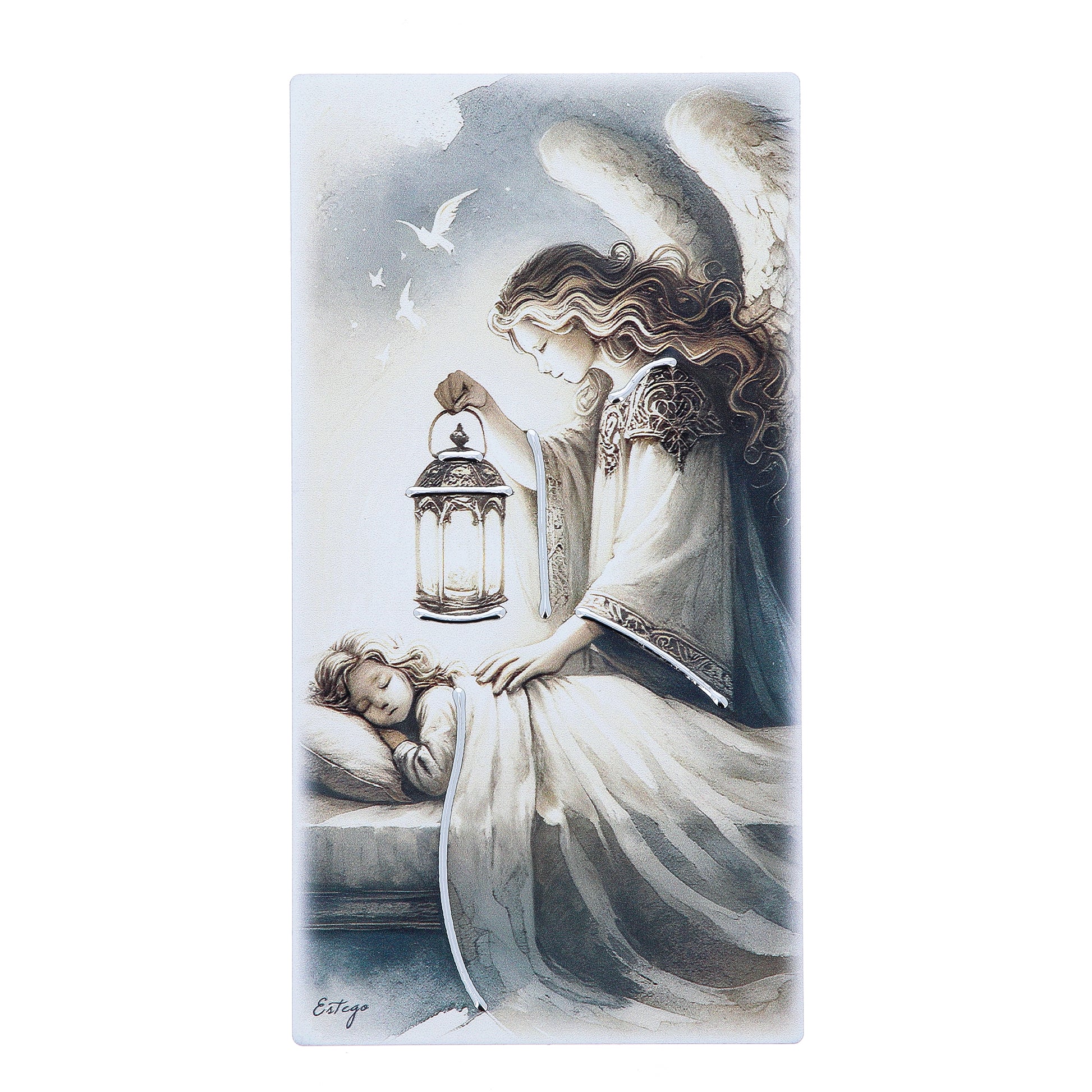 Quadro in legno Angelo Custode con dettagli argentati. Dimensioni 9x18 cm